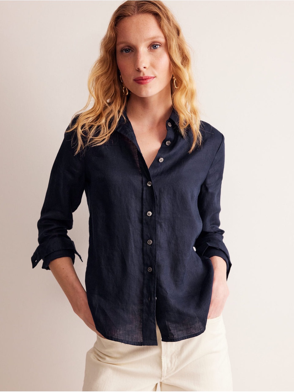 Boden Navy Button-Down Linen Shirt